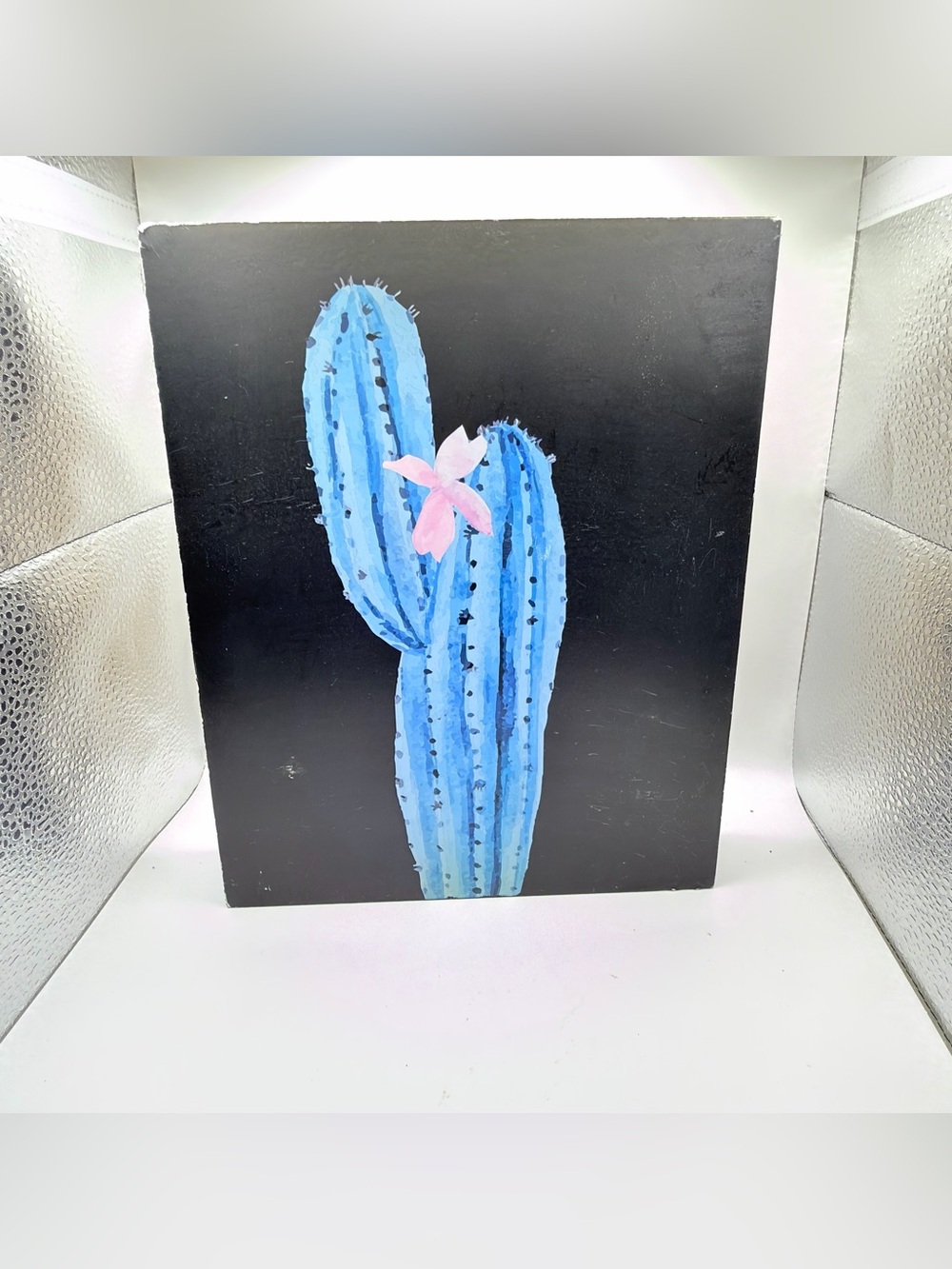 Blue Cactus Wall Art with Pink Flower - Home Art hobby lobby